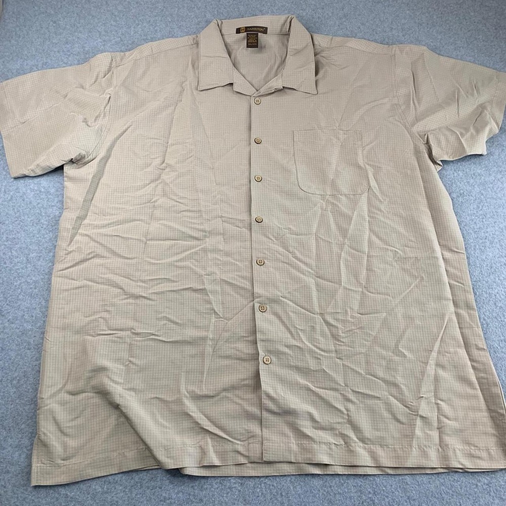 Harriton Button Down Shirt Mens 3XL Tan Khaki Micro Check Short Sleeve Camp